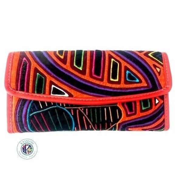 Handbags - Unique Artisan Handmade Mola Wallet Large - Arte Kuna Colombia 100% Leather